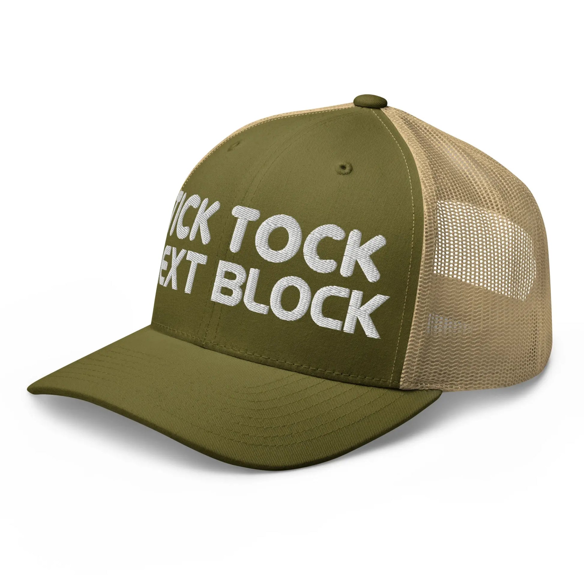 bitcoin trucker hat next block design angled view moss and khaki