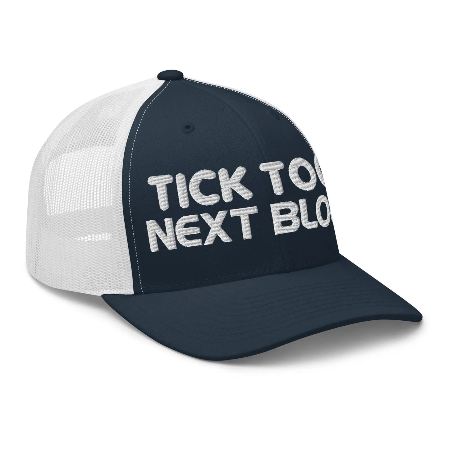 bitcoin trucker hat next block design angled view navy and white