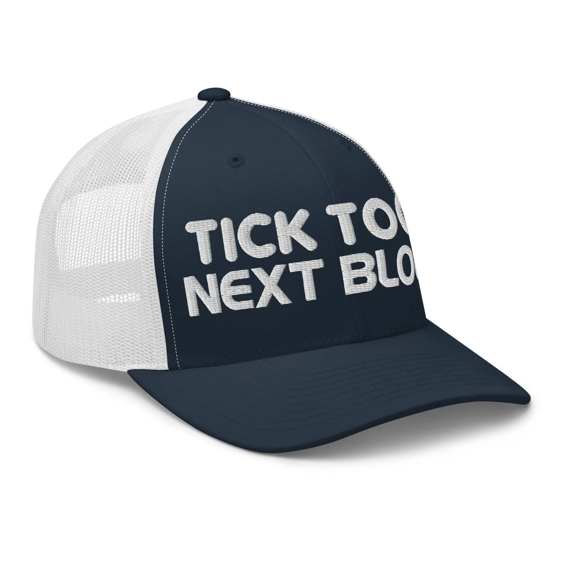 bitcoin trucker hat next block design angled view navy and white