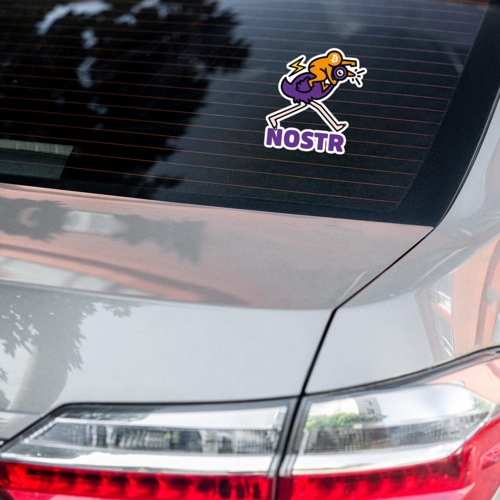 bitcoin nostr sticker - nostr pop ostrich - applied on car