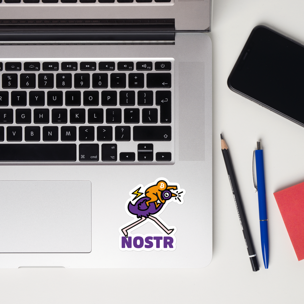bitcoin nostr sticker - nostr pop ostrich - applied on laptop 