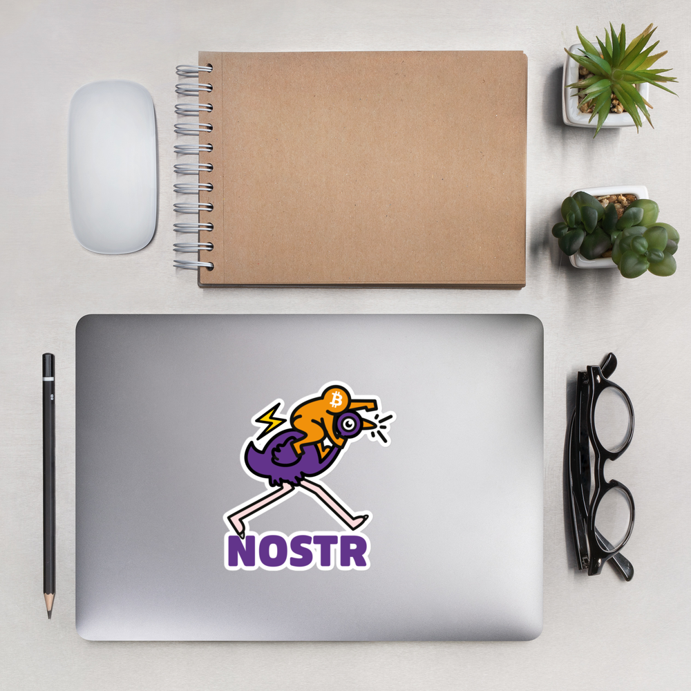 bitcoin nostr sticker - nostr pop ostrich - applied on laptop