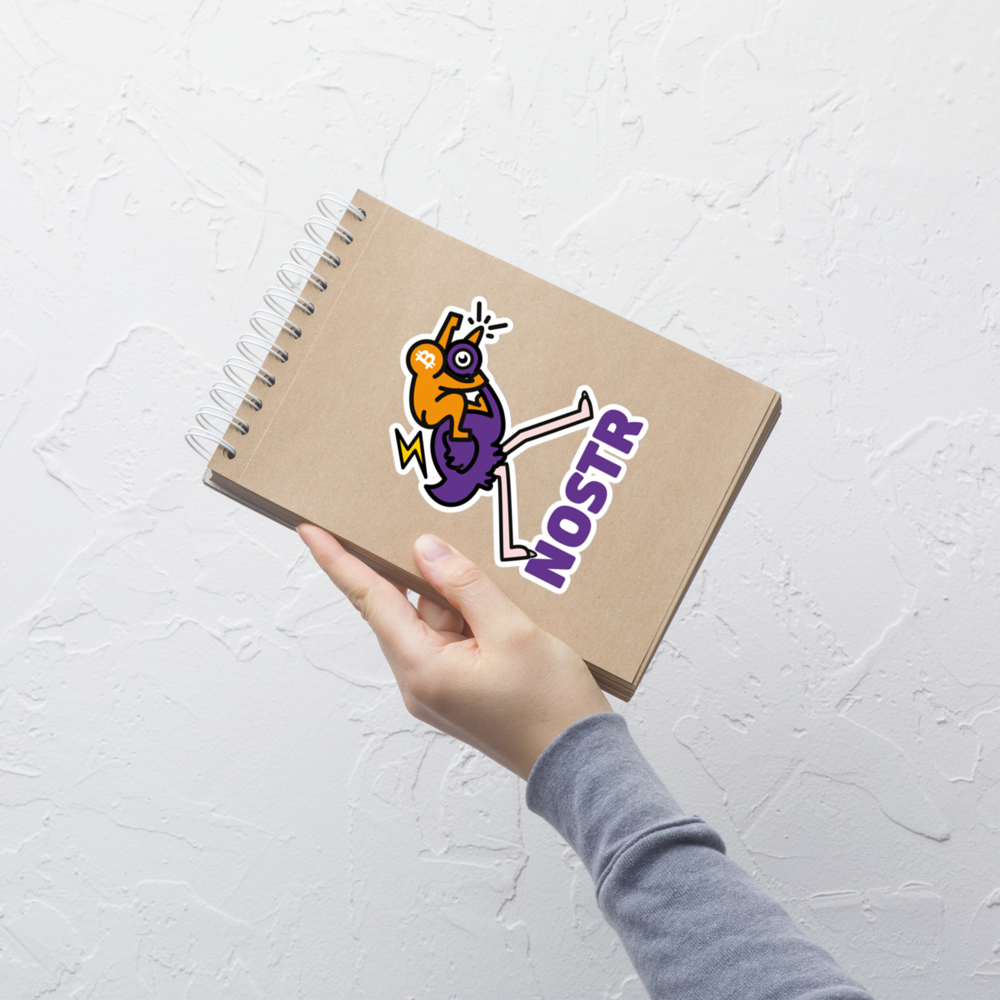 bitcoin nostr sticker - nostr pop ostrich - applied on notebook