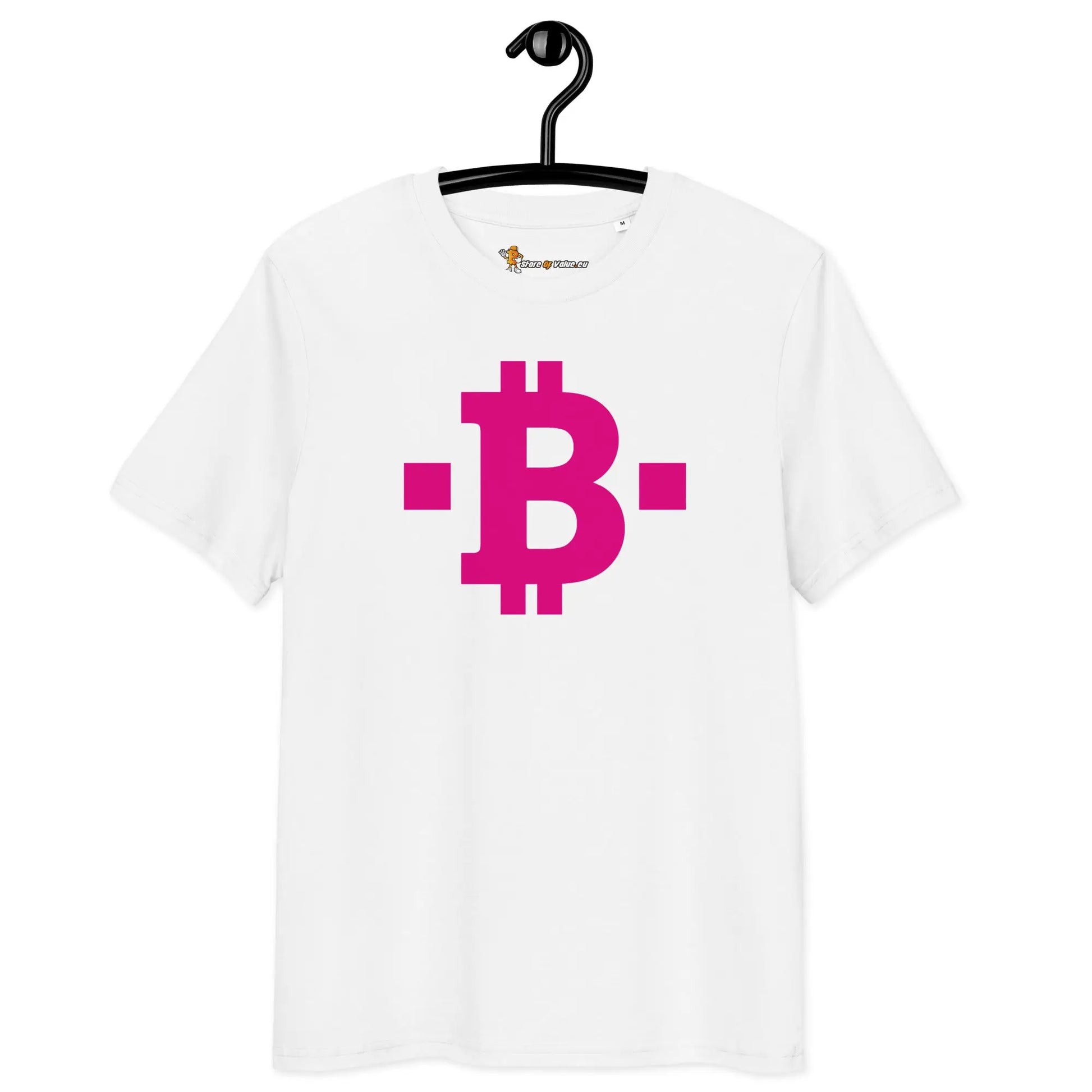 Bitcoin T-Shirt – Pink Square - on hanger - white