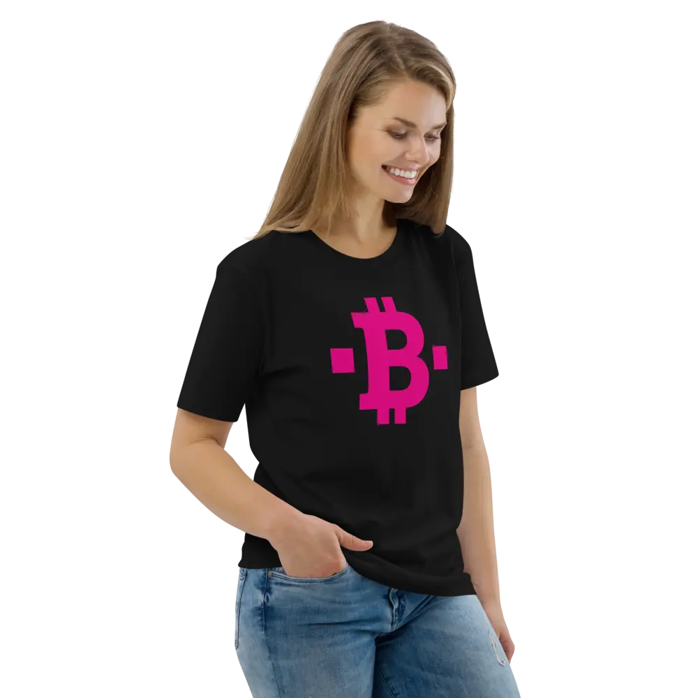 Bitcoin T-Shirt – Pink Square - worn on female model - standing - black