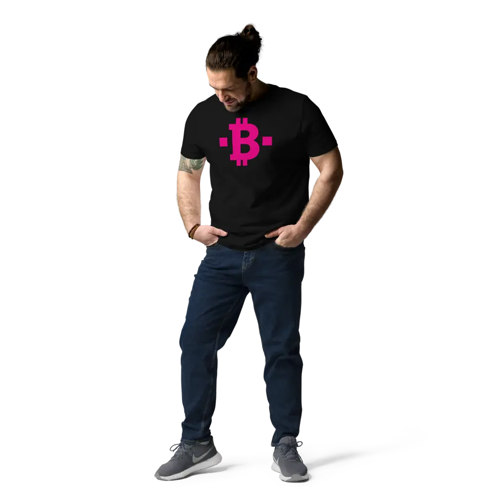 Bitcoin T-Shirt – Pink Square - worn on male model - black 
