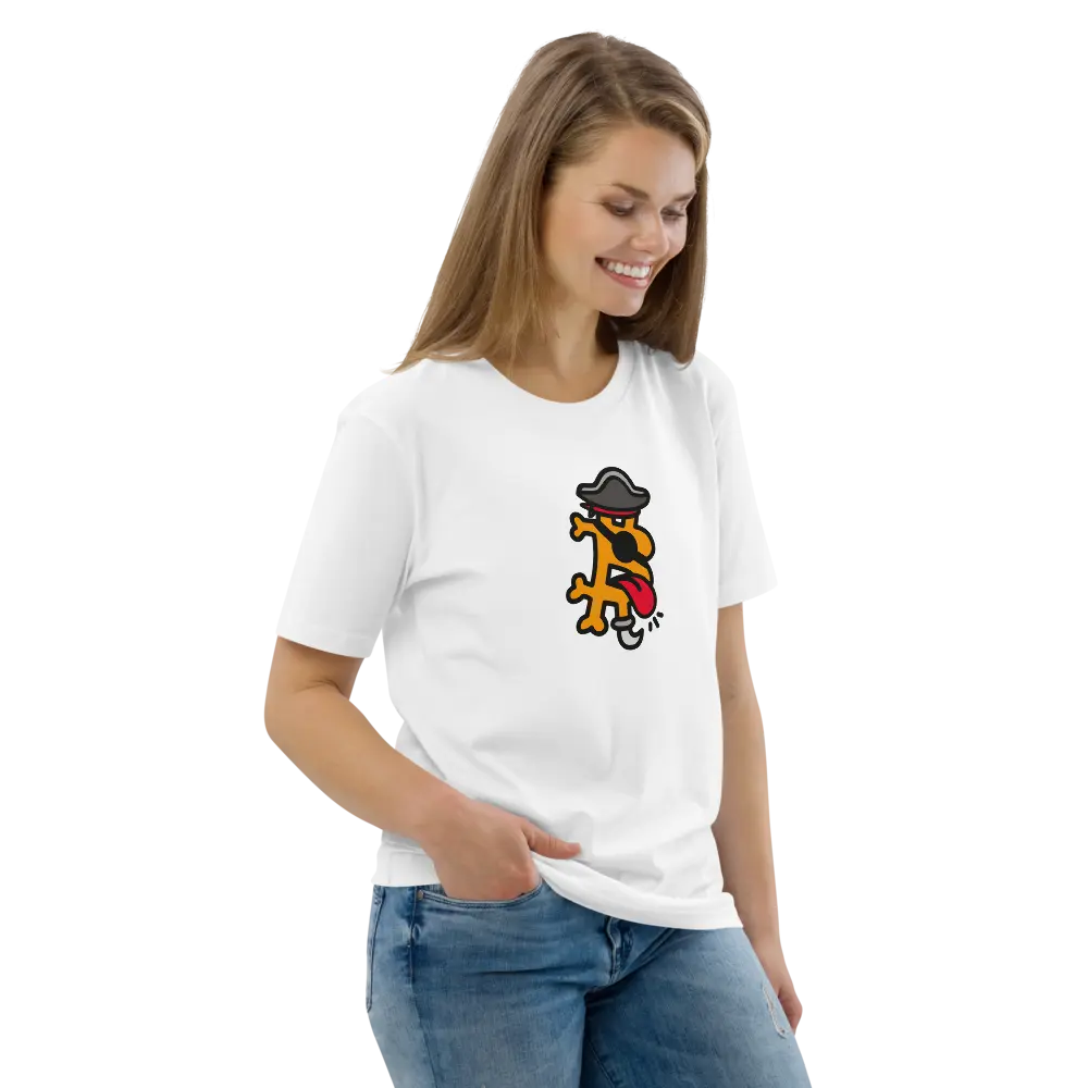 Bitcoin T-Shirt – Bitcoin Pirate - worn on female model - white