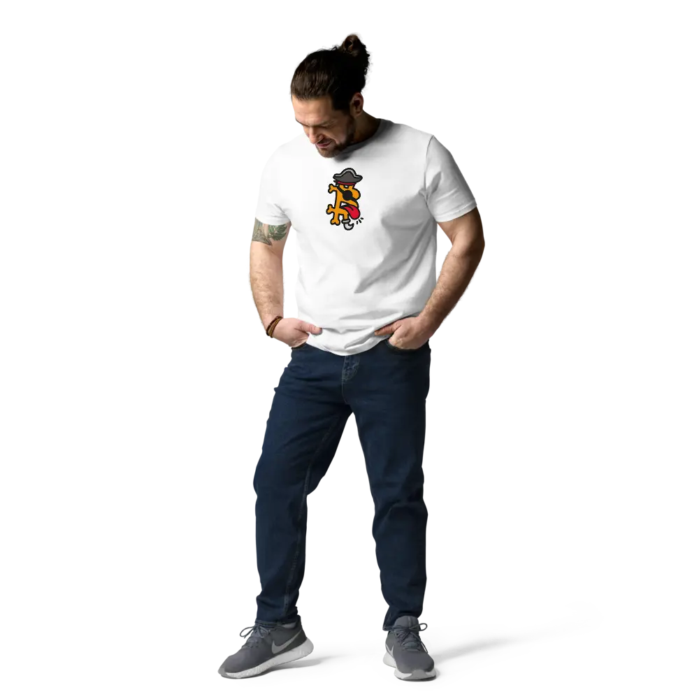 Bitcoin T-Shirt – Bitcoin Pirate - worn on model - white