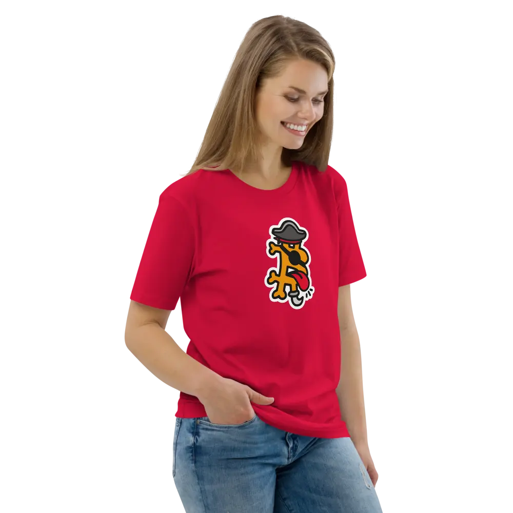Bitcoin T-Shirt – Bitcoin Pirate- worn on female model - smile - red