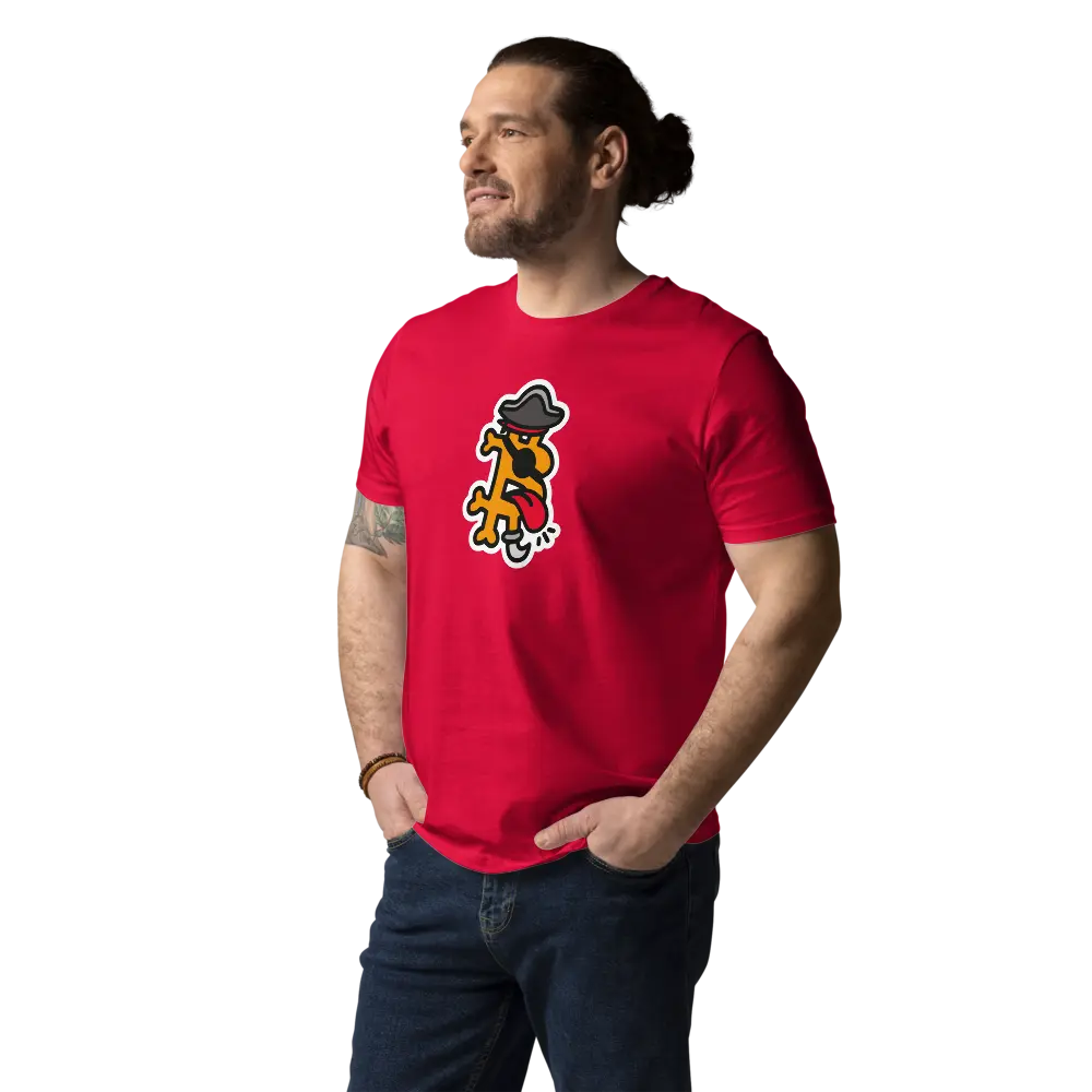 Bitcoin T-Shirt – Bitcoin Pirate - worn on model - male - standing - red