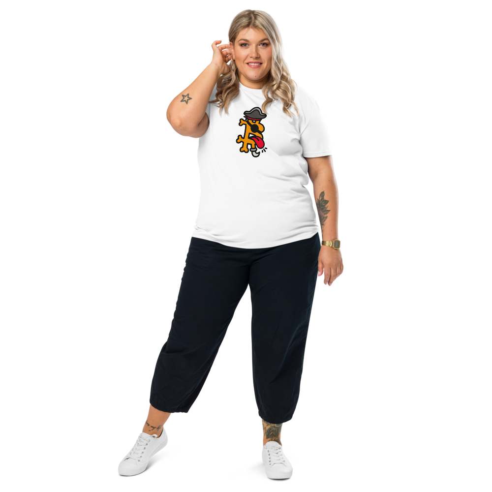 Bitcoin T-Shirt – Bitcoin Pirate - worn on standing female model - white
