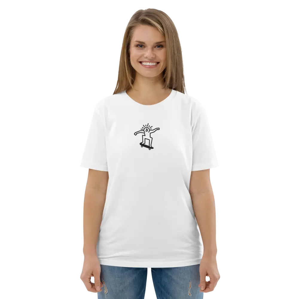 bitcoin t-shirt - bitcoin pop skate - model view