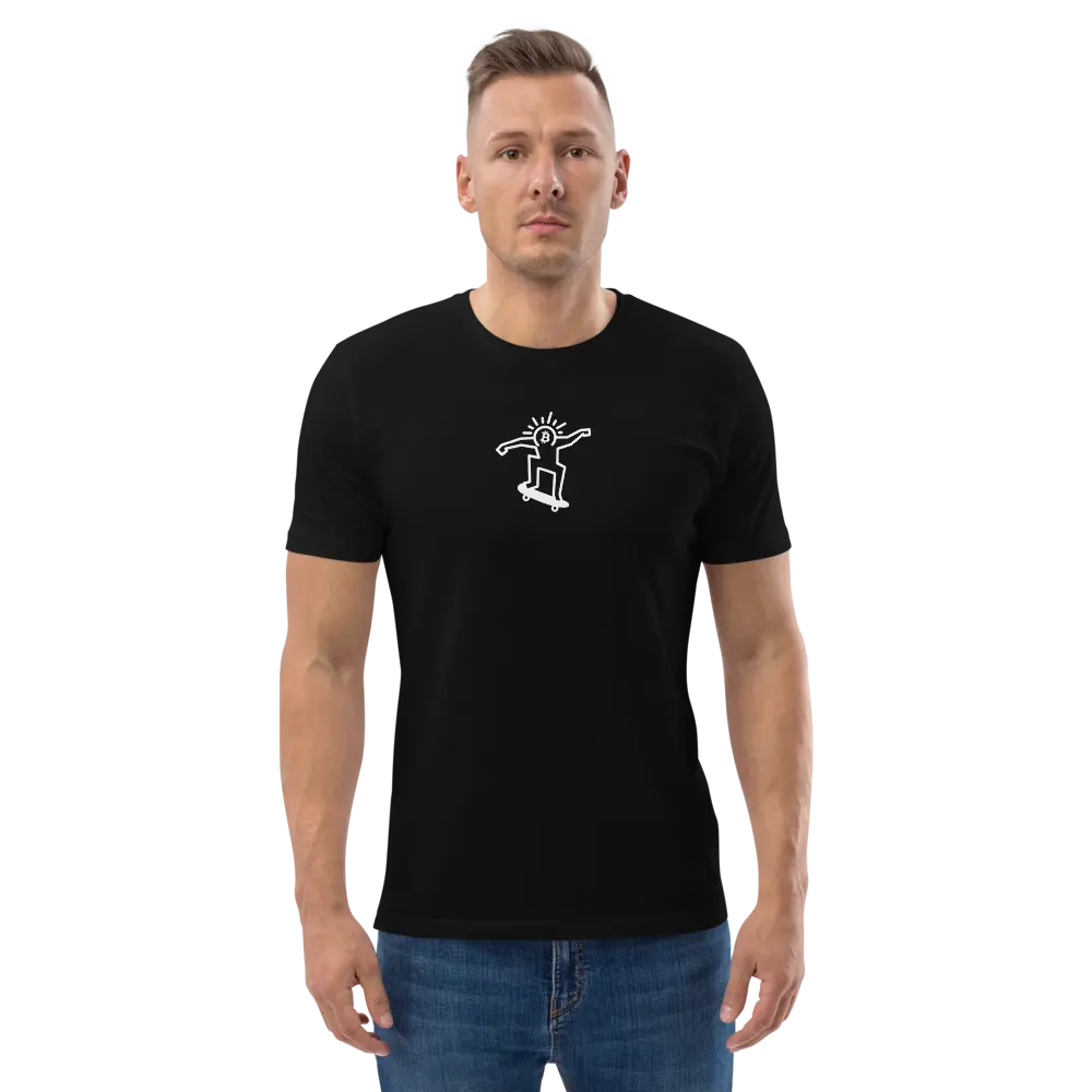bitcoin tee - bitcoin pop skate - worn by male model front
