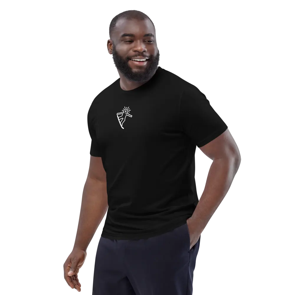 bitcoin tee - bitcoin pop snowboard - male model front