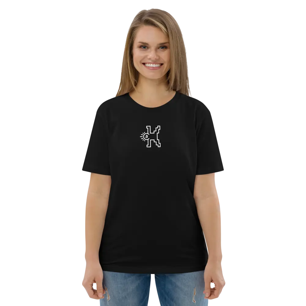 bitcoin t-shirt - bitcoin pop square - front view - worn by female