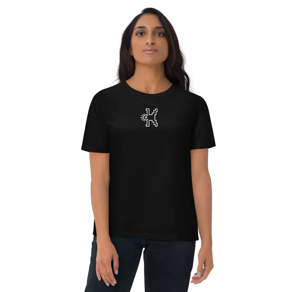 bitcoin t-shirt - bitcoin pop square - worn by female model - front view