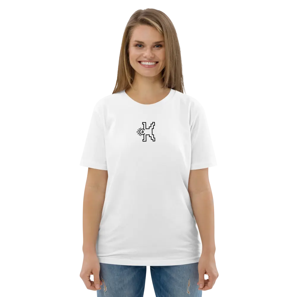 bitcoin tee - bitcoin pop square - female model view
