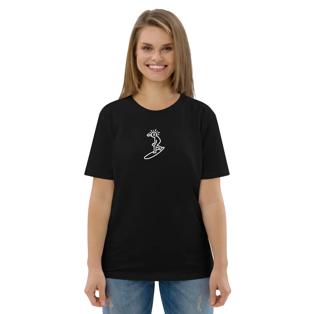 bitcoin t-shirt - bitcoin pop surf - female model view