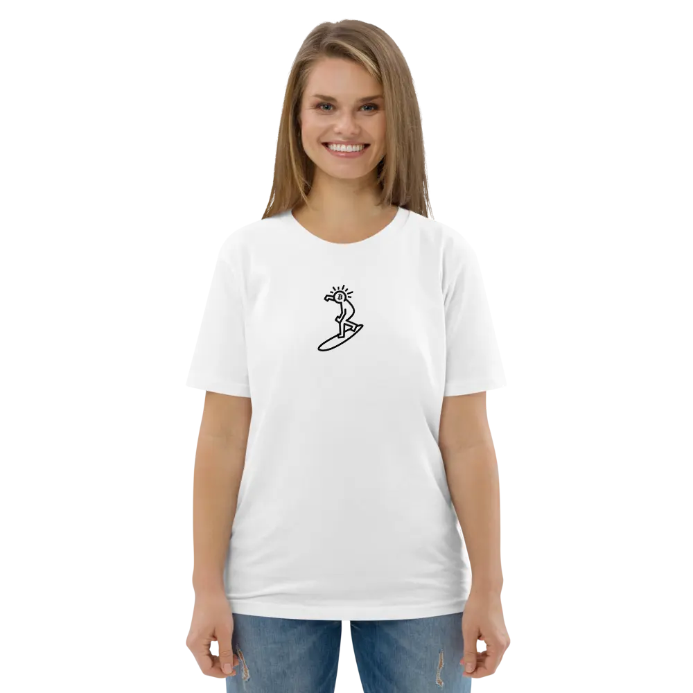 bitcoin tee - bitcoin pop surf - female model