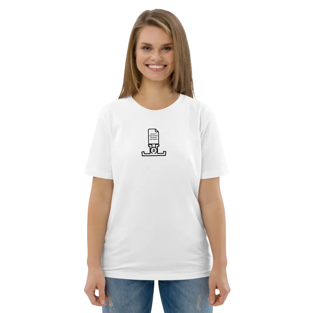 bitcoin t-shirt - bitcoin pop white paper - worn by female