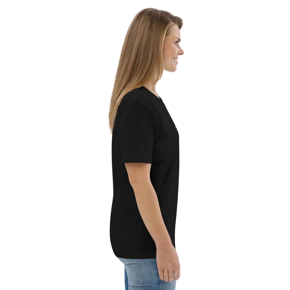 bitcoin tee - bitcoin pop zen - model side view