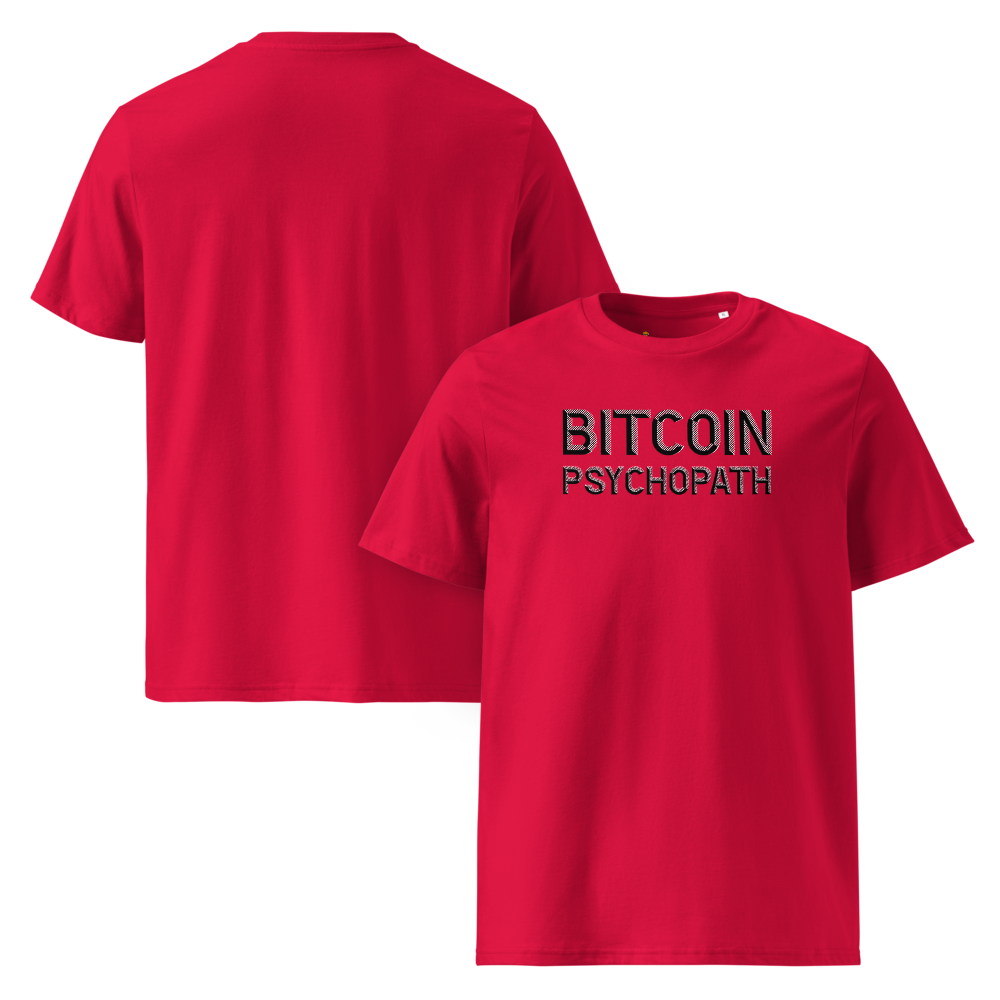 Bitcoin T-Shirt – Bitcoin Psychopath - front and back view - red