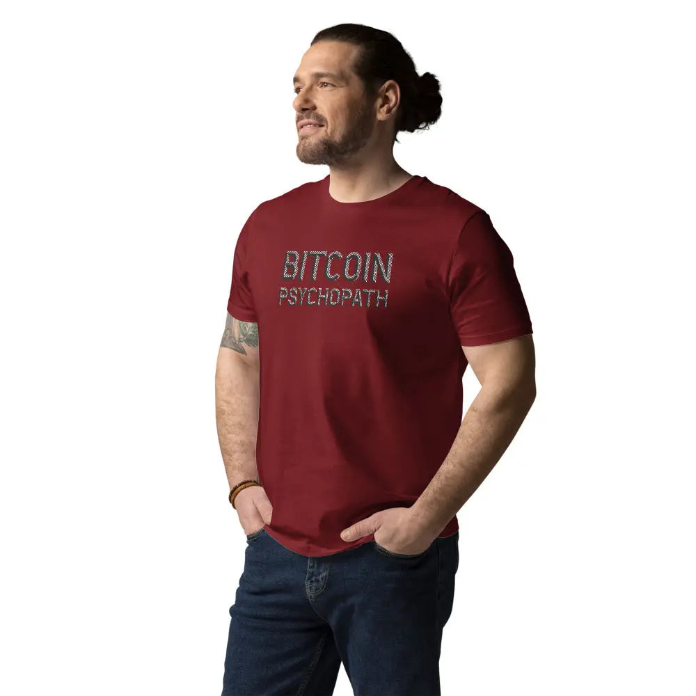 Bitcoin T-Shirt – Bitcoin Psychopath - worn on male model - burgundy red