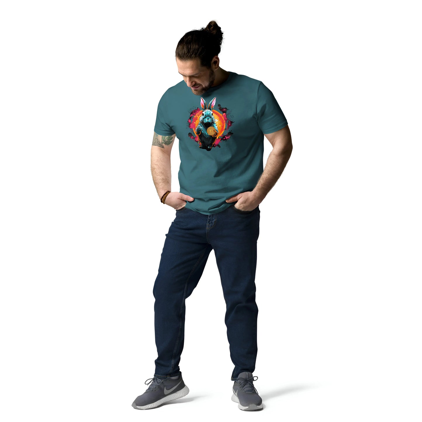 bitcoin t-shirt - bitcoin rabbit hole - male model - blue