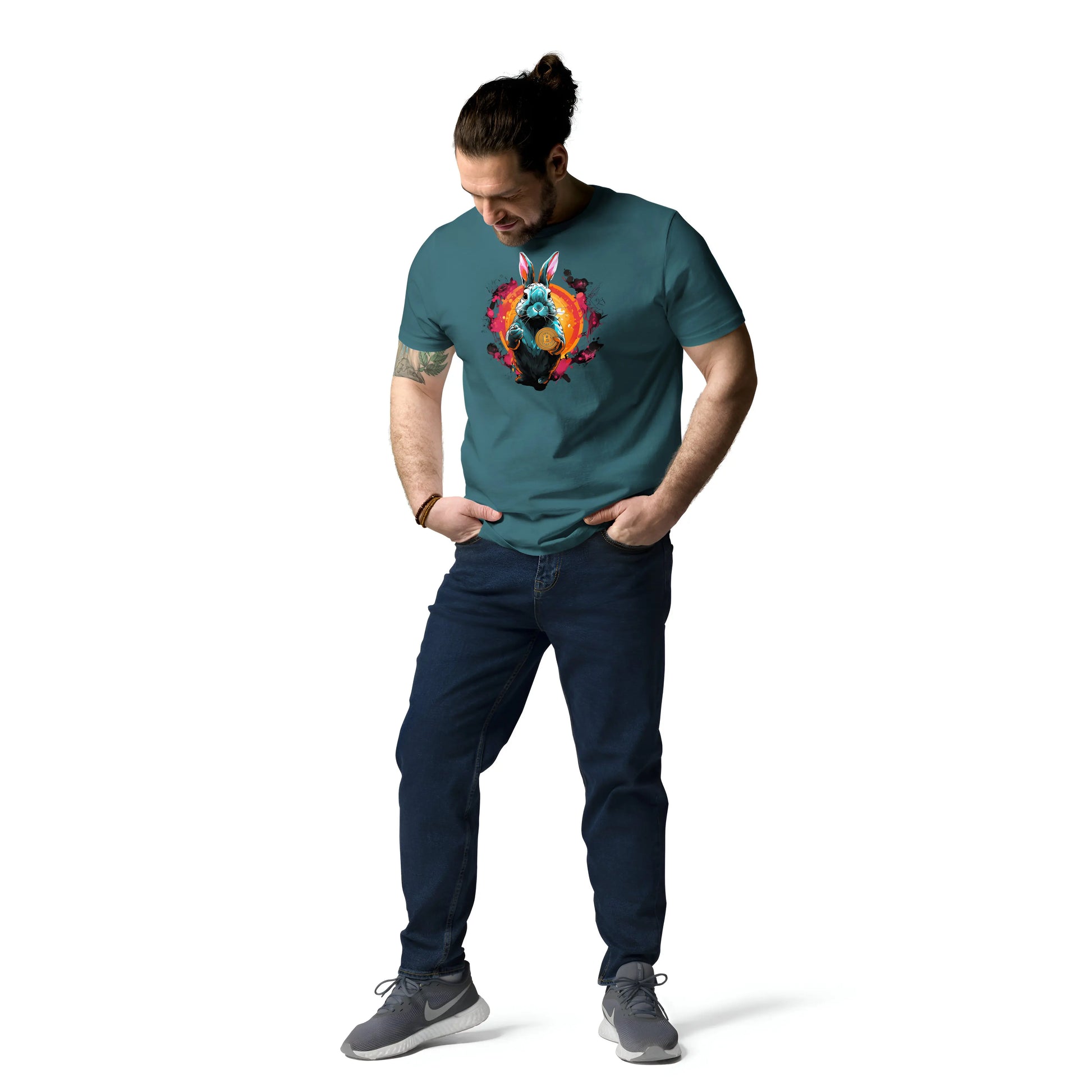bitcoin t-shirt - bitcoin rabbit hole - male model - blue