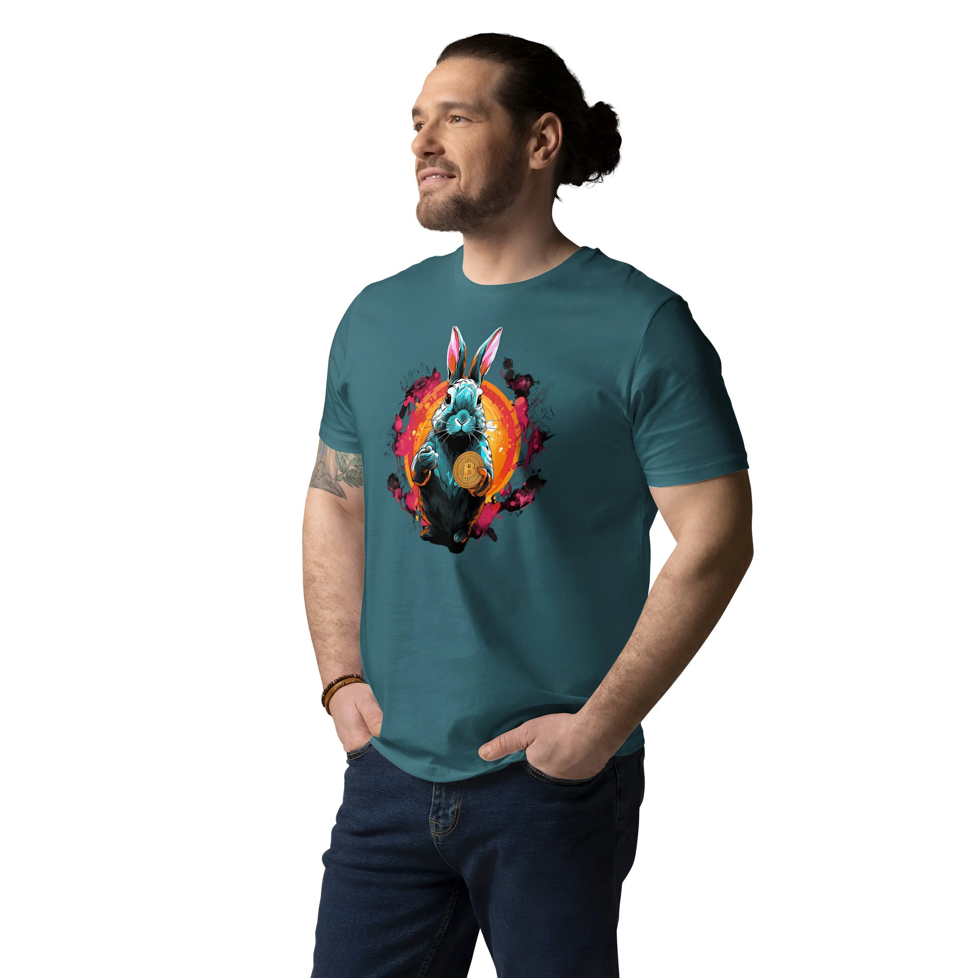 bitcoin t-shirt - bitcoin rabbit hole - worn on male model - blue