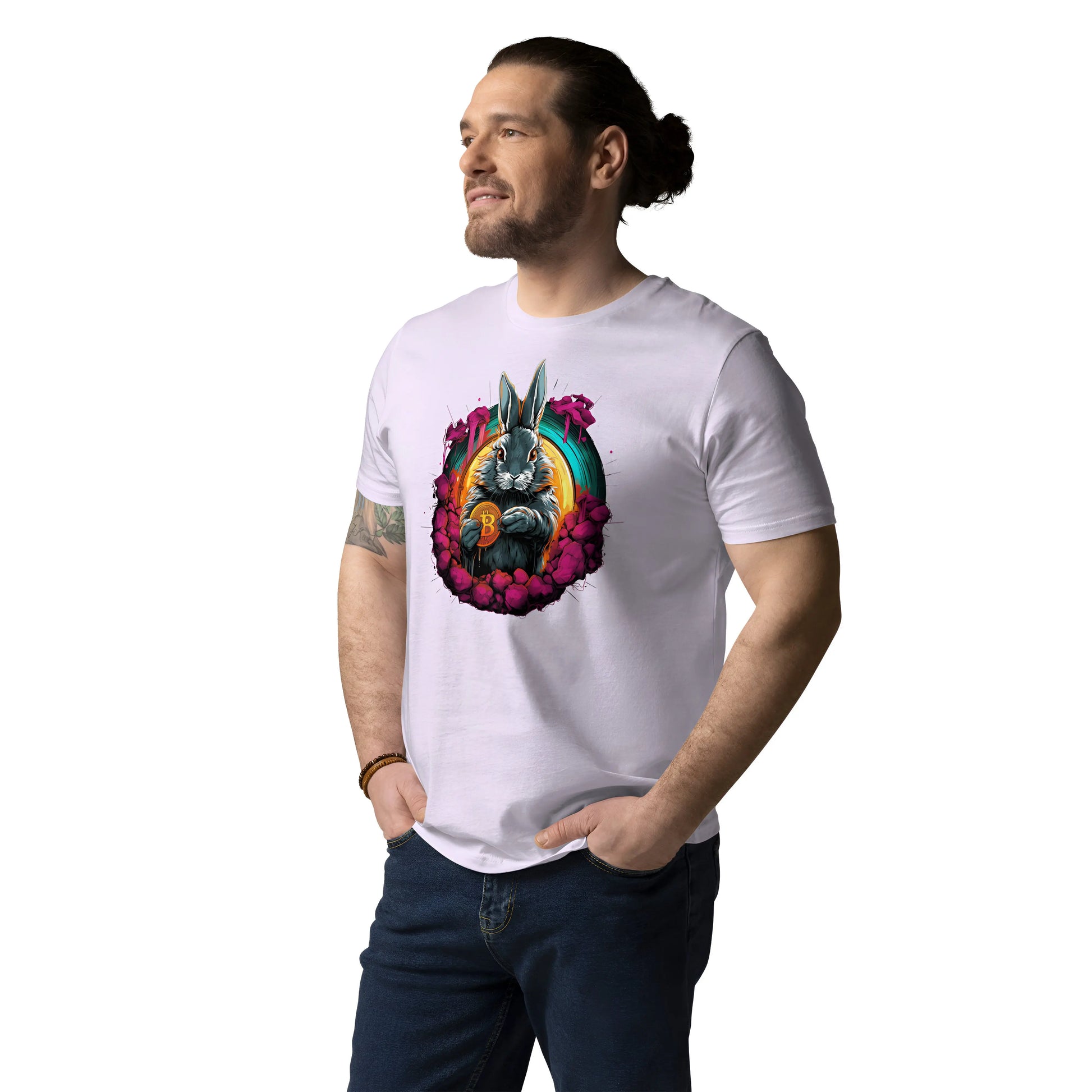 bitcoin-rabbit-hole-bitcoin-tshirt- worn on male model - purple
