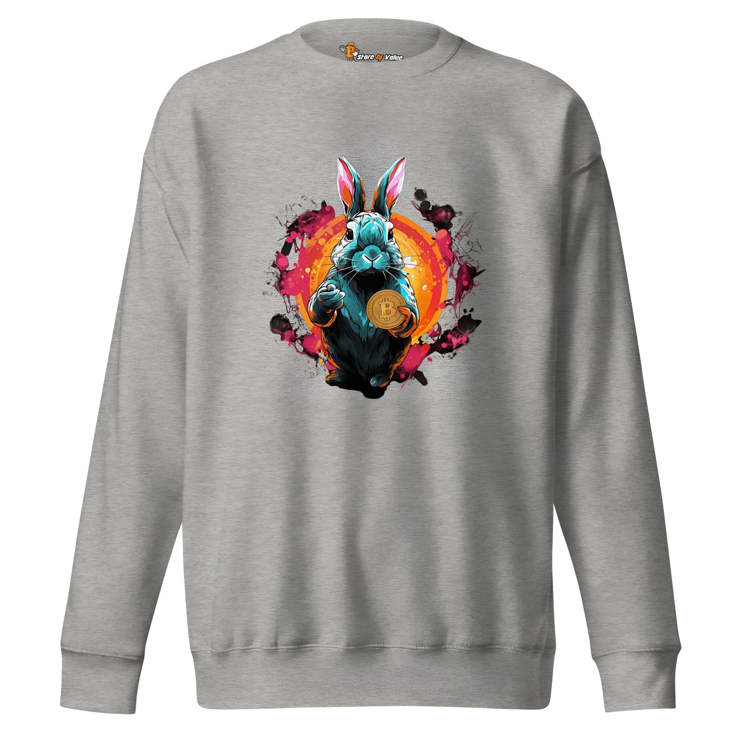 bitcoin sweatshirt - bitcoin rabbit hole design - front view - grey
