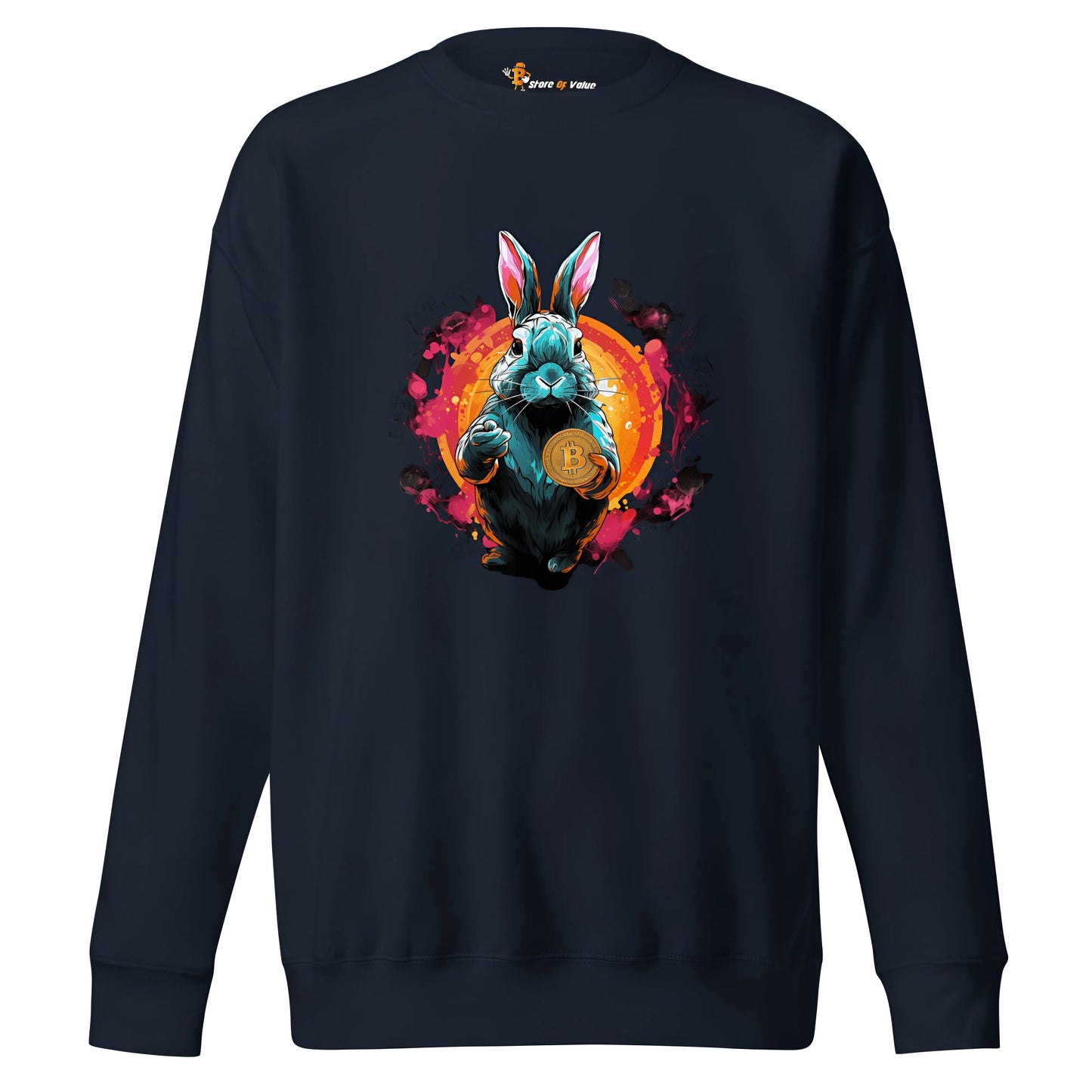 bitcoin sweatshirt - bitcoin rabbit hole design - front view - navy blue