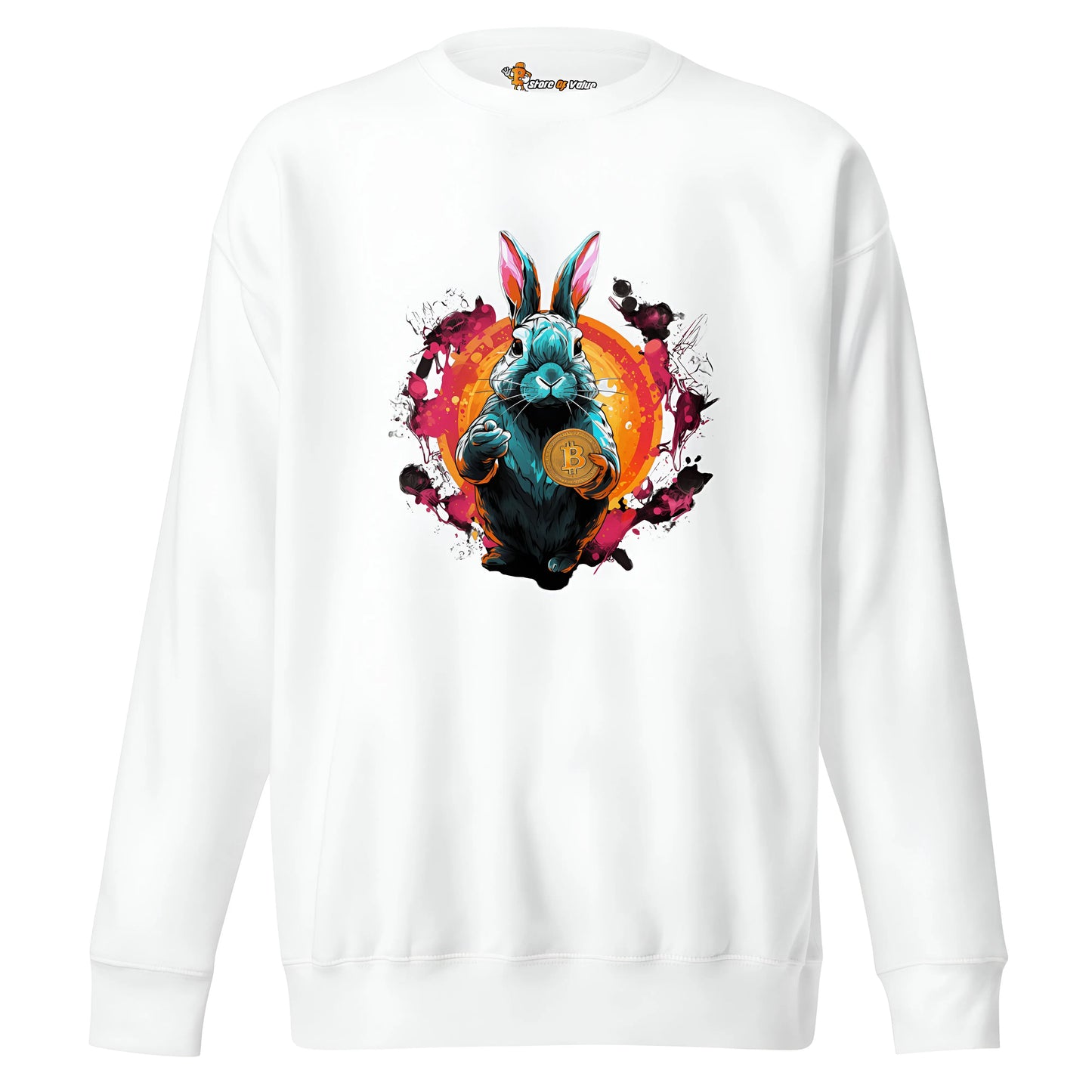 bitcoin sweatshirt - bitcoin rabbit hole design - front view - white color