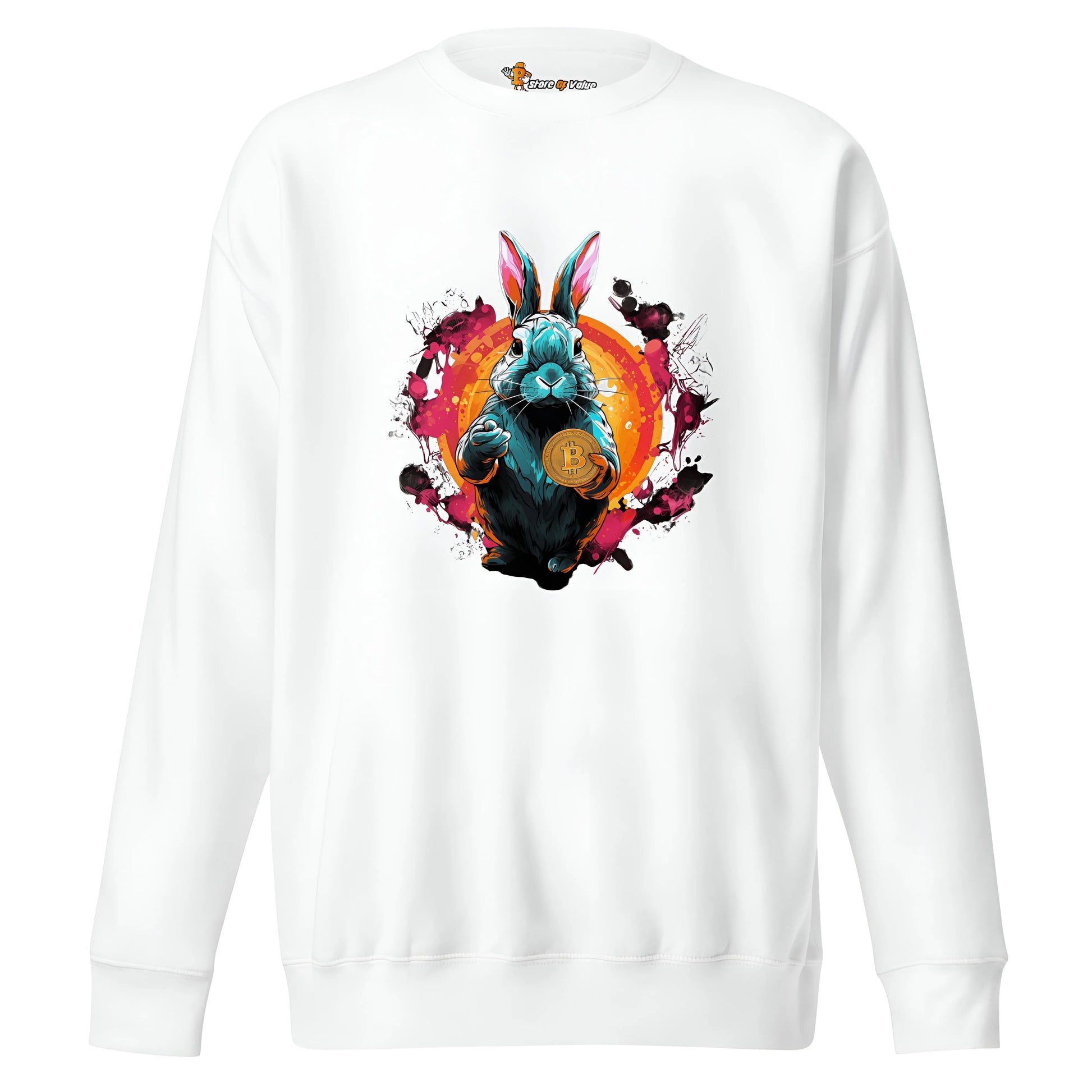 bitcoin sweatshirt - bitcoin rabbit hole design - front view - white color