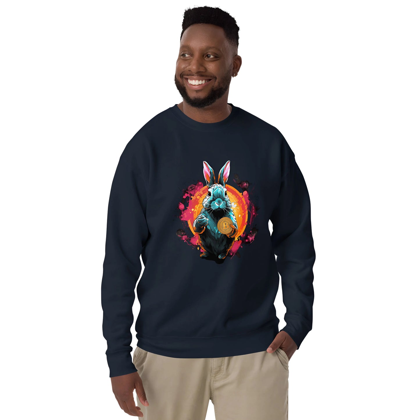 bitcoin sweatshirt - bitcoin rabbit hole design - worn by male - navy blue color