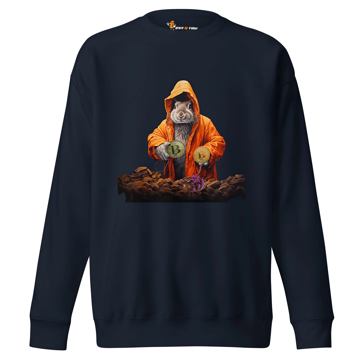 bitcoin sweatshirt - bitcoin rabbit hole - front view - navy blue color