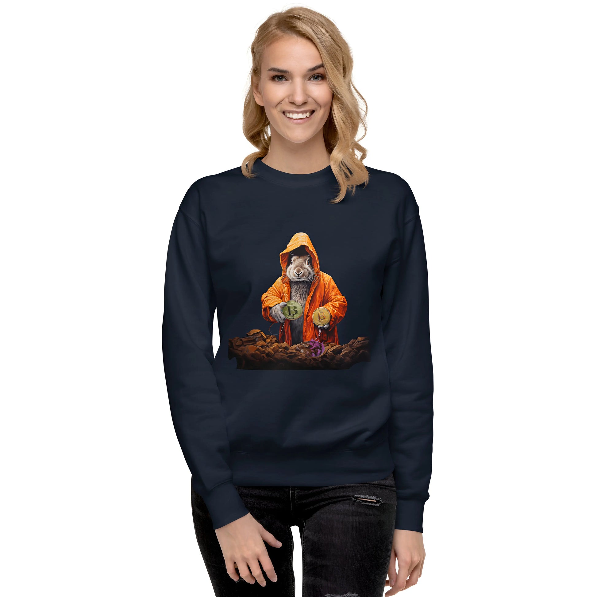 bitcoin sweatshirt - bitcoin rabbit hole - worn by female - navy blue color