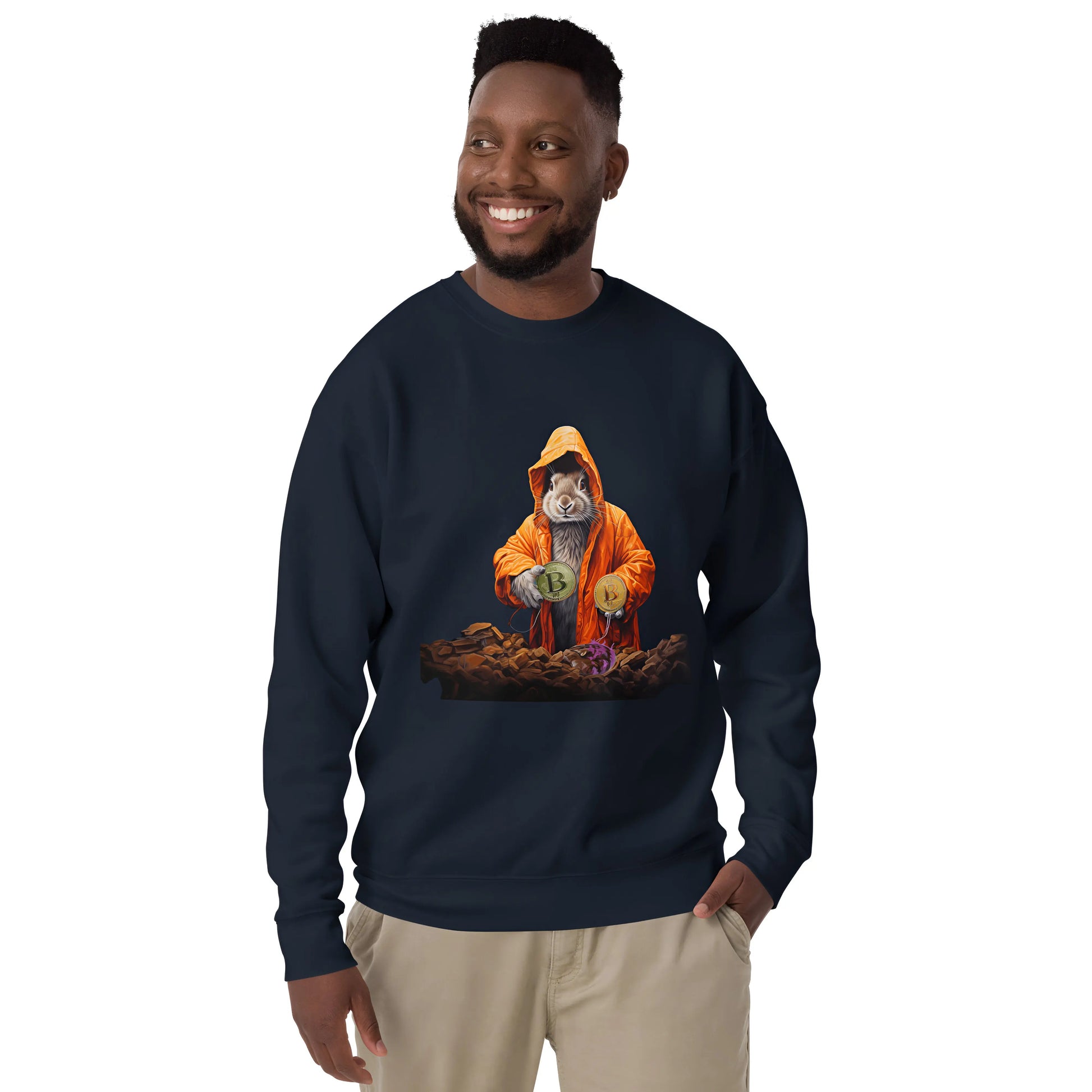 bitcoin sweatshirt - bitcoin rabbit hole - worn by male - navy blue color