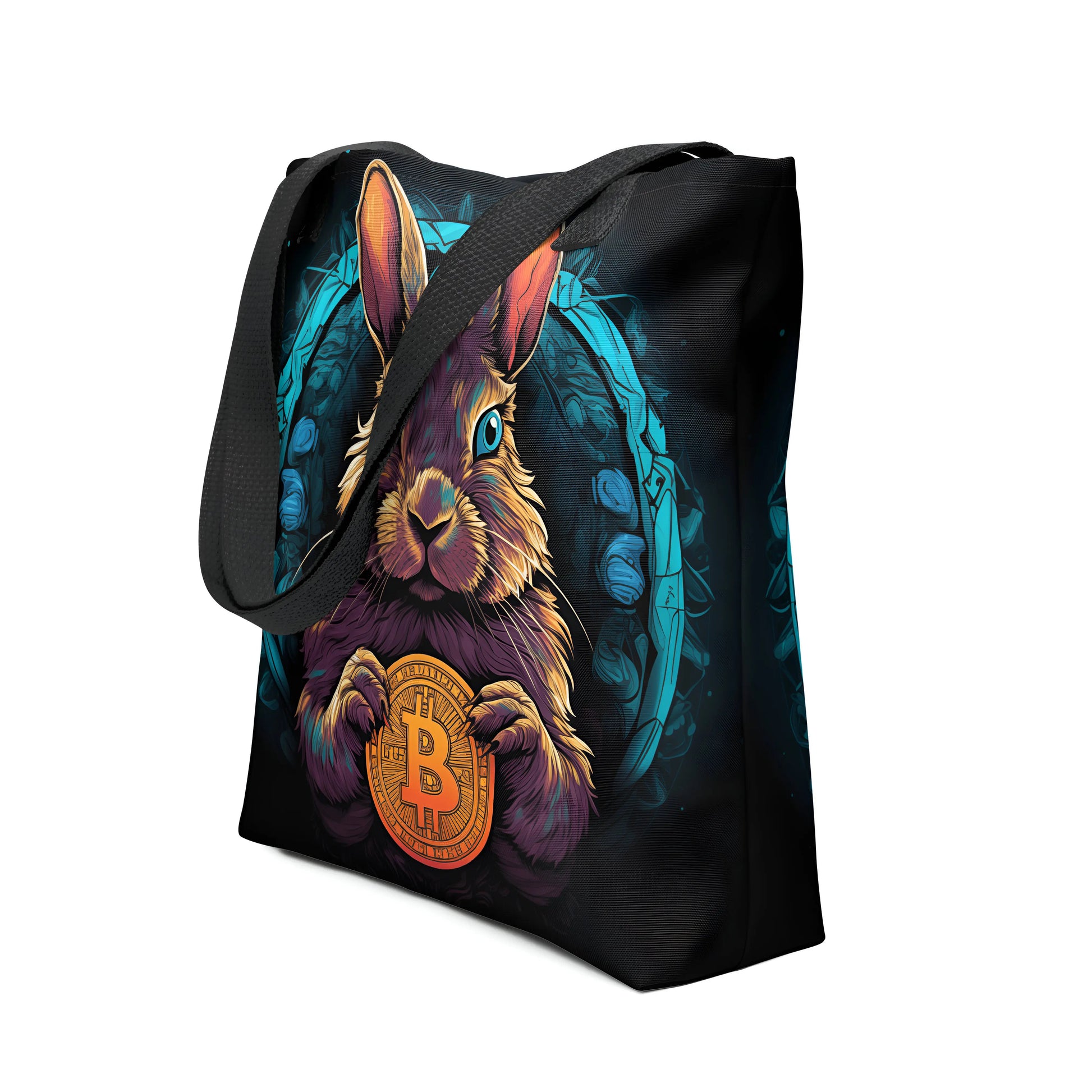 bitcoin tote bag - bitcoin rabbit hole hodl - front view - black