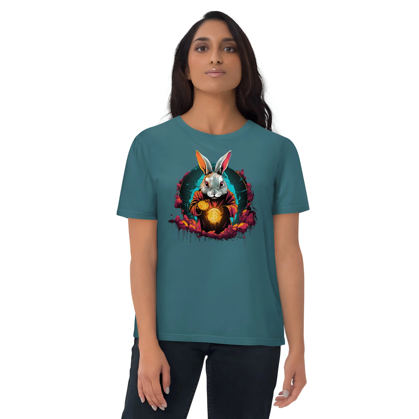 bitcoin t-shirt - rabbit hole - worn on model - blue