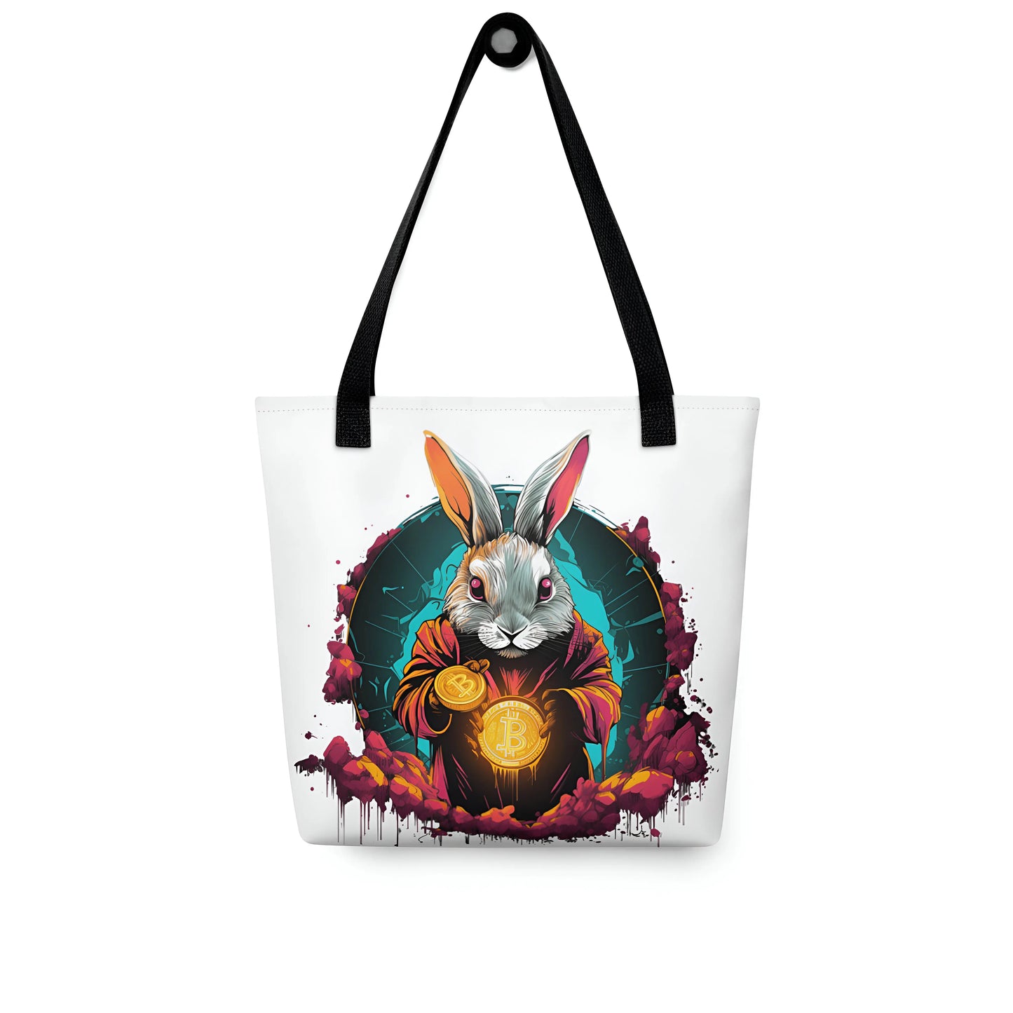 bitcoin tote bag - bitcoin rabbit journey - on hanger
