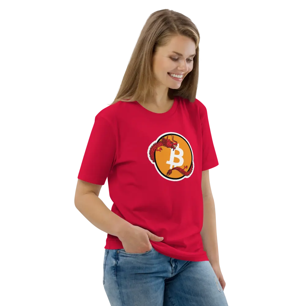 Bitcoin T-Shirt – Bitcoin Red Dragon - worn on female model - smile