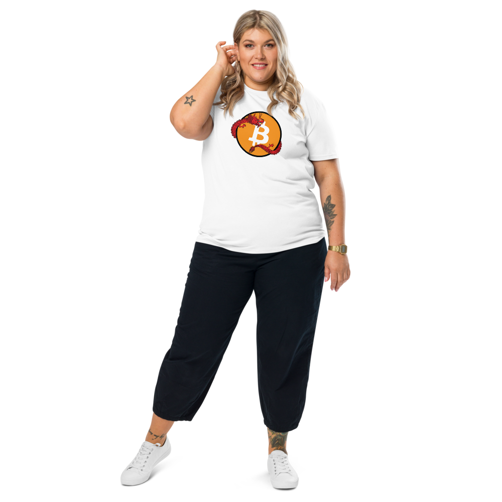 Bitcoin T-Shirt – Bitcoin Red Dragon | Store of Value — worn on female model - white color