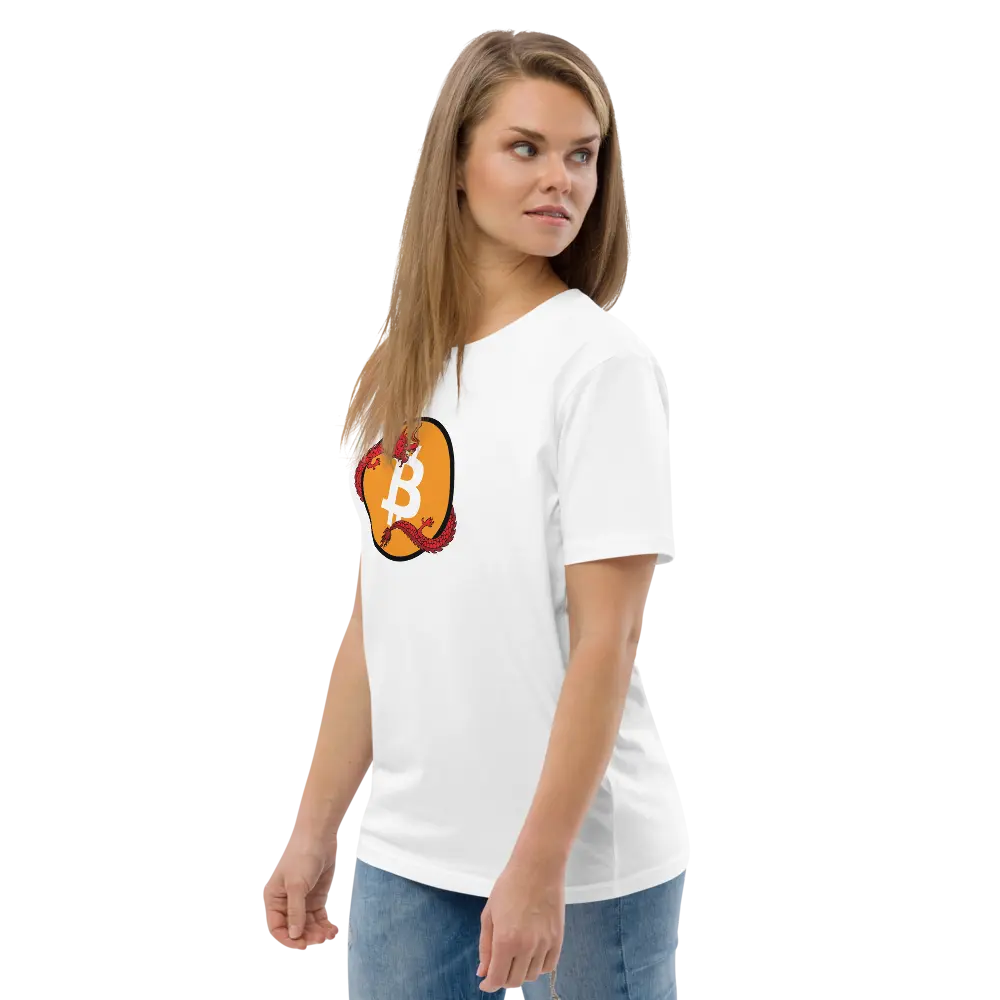 Bitcoin T-Shirt – Bitcoin Red Dragon -worn on female model