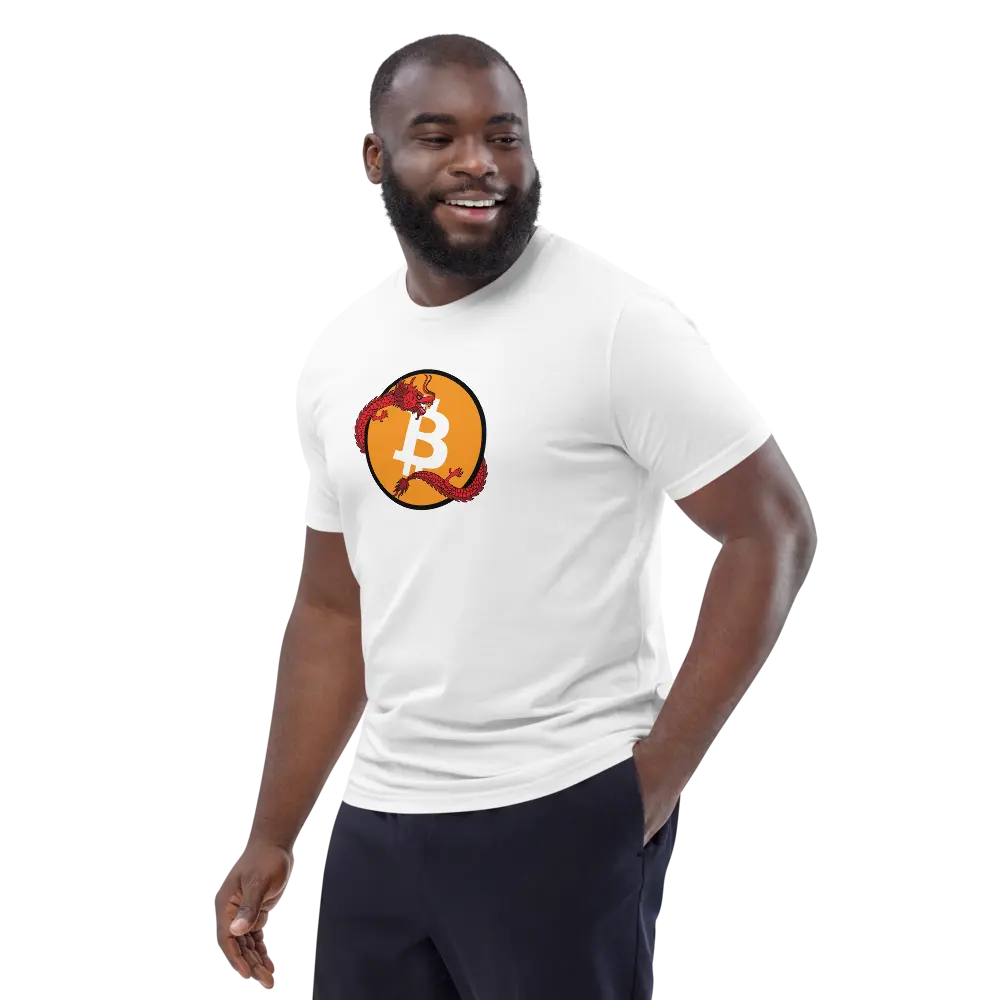 Bitcoin T-Shirt – Bitcoin Red Dragon - worn on male model - white