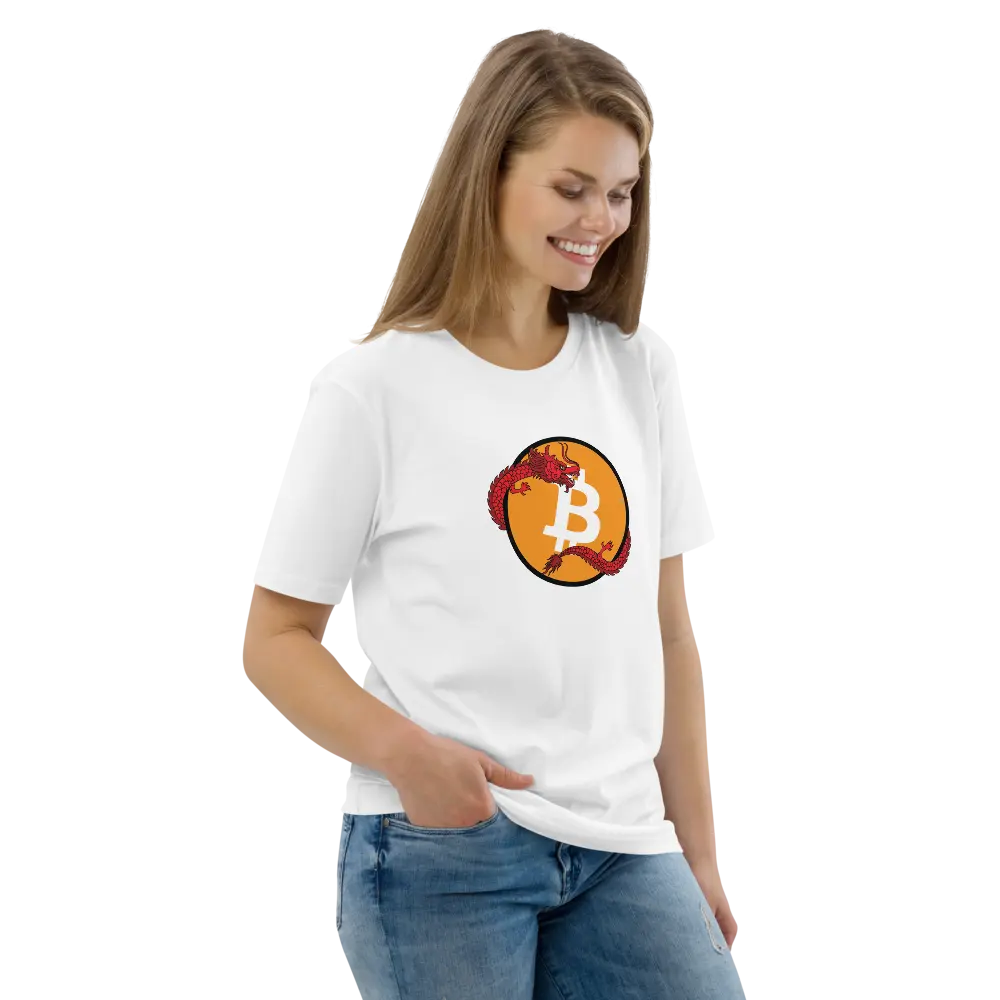 Bitcoin T-Shirt – Bitcoin Red Dragon - worn on female model - white