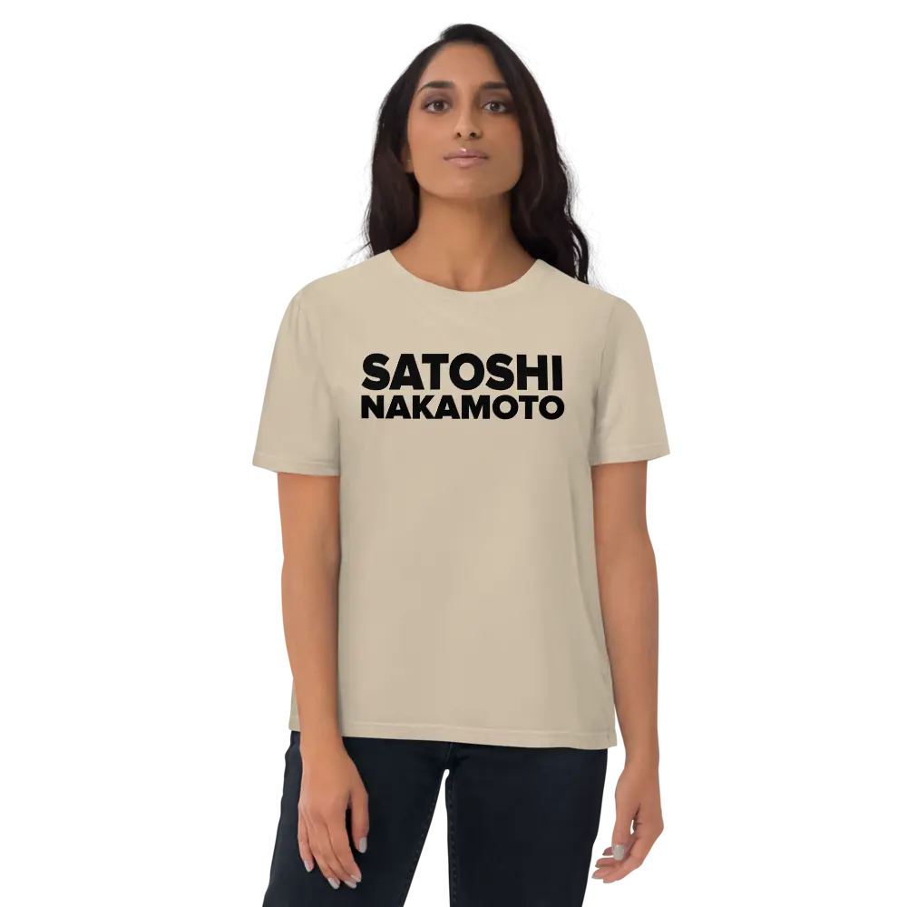 Bitcoin T-Shirt – Satoshi Nakamoto - worn on female model - beige 