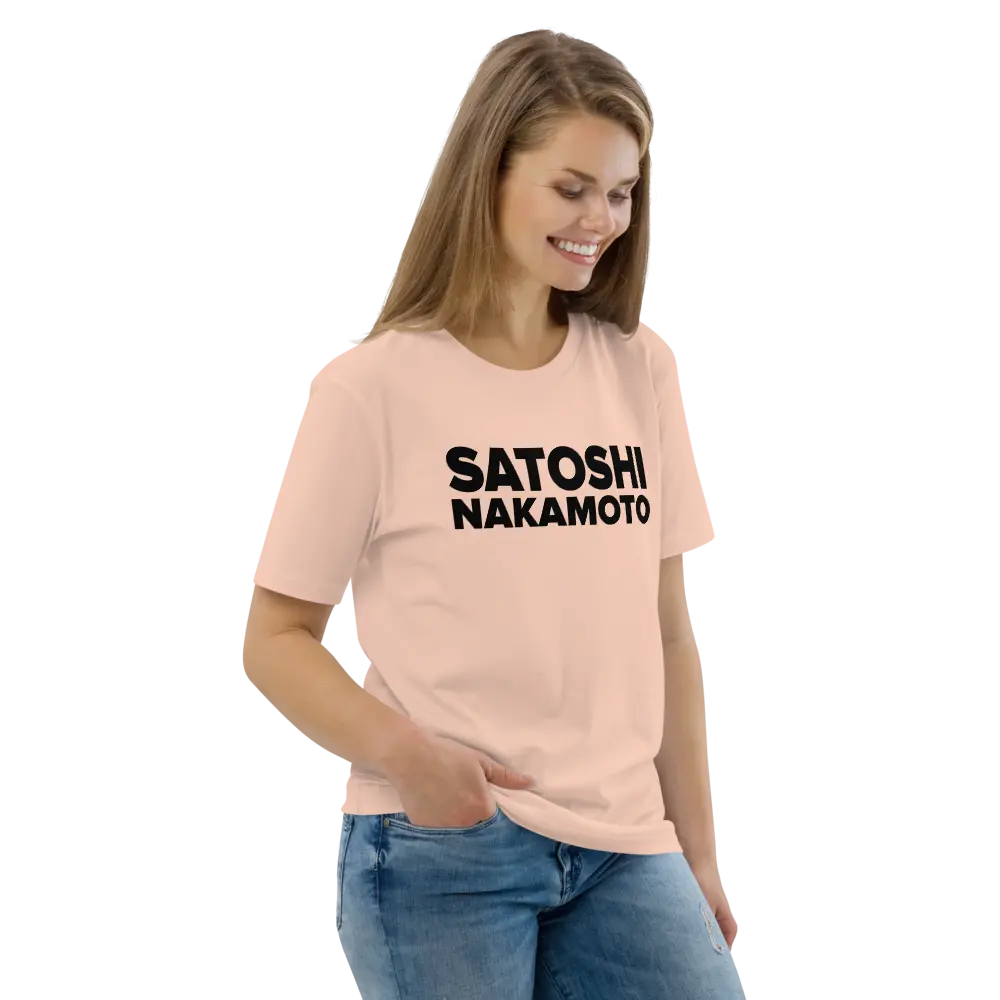 Bitcoin T-Shirt – Satoshi Nakamoto -worn on model - female - smile - pink