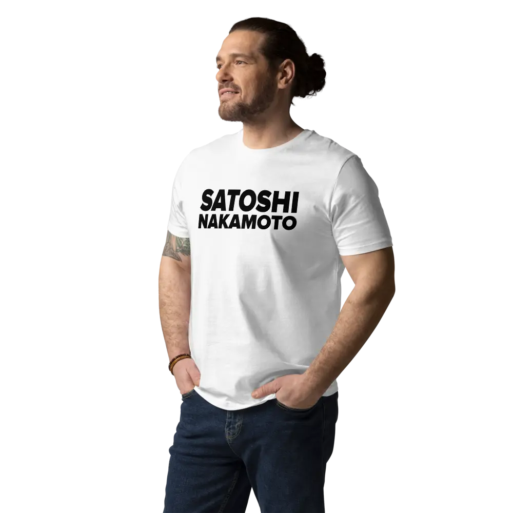 Bitcoin T-Shirt – Satoshi Nakamoto - worn on model - white